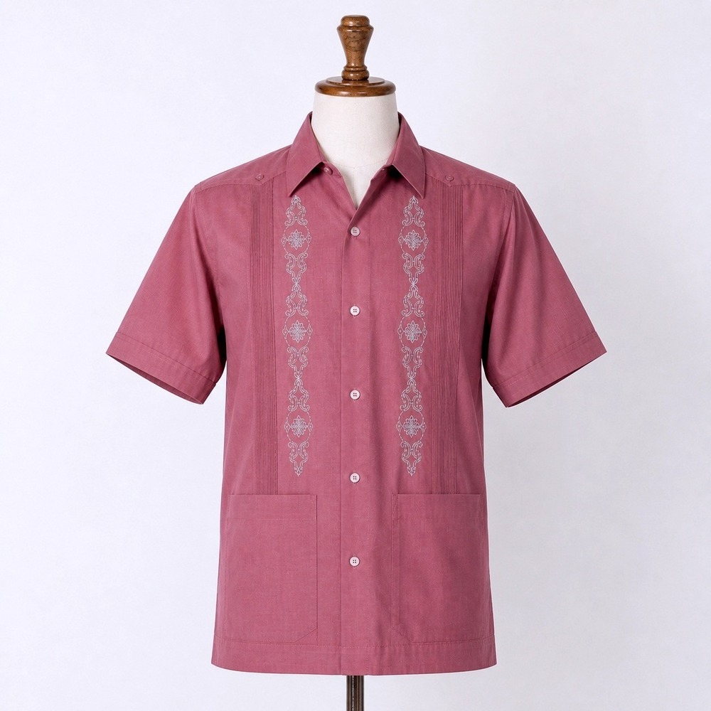 Haband Guayabera Mens XL Short Sleeve Embroidered Button Down Shirt Mauve 12E